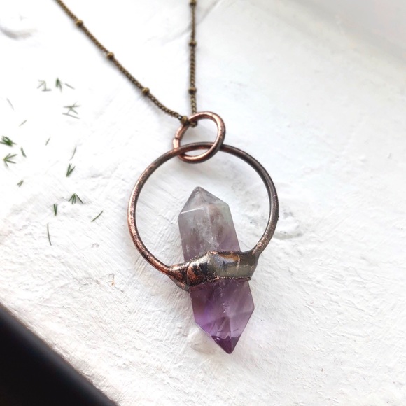 Copper Electroplated Amethyst Point | Antique Brass Chain Necklace - Picture 2 of 6